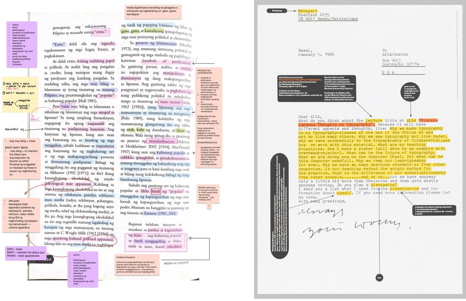 Annotated book page with highlights and sticky notes