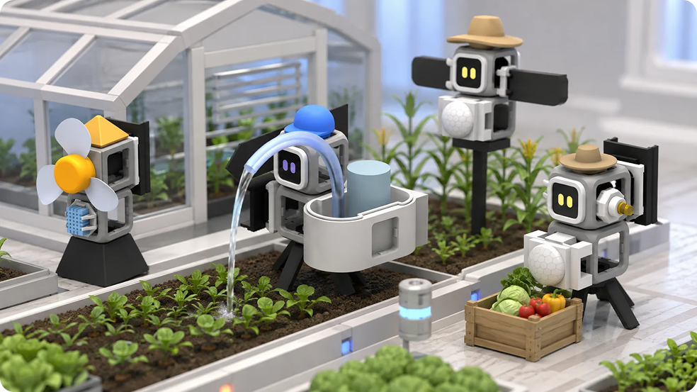 A family of modular RoboLab robots tending crops in a greenhouse