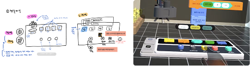 Early sketches of the RoboLab rule-building interface beside the final mixed-reality Rule Board